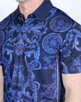 Mens Modern Fit Stretch Baroque Print Polo with Rhinestones