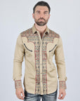 Mens Modern Fit Stretch Multi-Color Aztec Embroidery Shirt