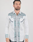 Mens Modern Fit Stretch Multi-Color Aztec Embroidery Shirt