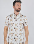 Mens Performance Fabric Modern Fit Stretch Cow Skull Print Polo