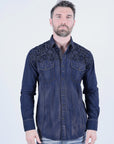 Mens Vintage Washed 2-tone Embroidery Modern Fit Stretch Shirt