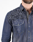 Mens Vintage Washed 2-tone Embroidery Modern Fit Stretch Shirt