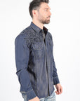 Mens Vintage Washed 2-tone Embroidery Modern Fit Stretch Shirt