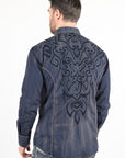Mens Vintage Washed 2-tone Embroidery Modern Fit Stretch Shirt