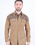 Mens Vintage Washed 2-tone Embroidery Modern Fit Stretch Shirt