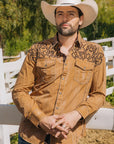Mens Vintage Washed 2-tone Embroidery Modern Fit Stretch Shirt