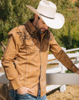 Mens Vintage Washed 2-tone Embroidery Modern Fit Stretch Shirt