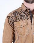 Mens Vintage Washed 2-tone Embroidery Modern Fit Stretch Shirt