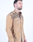 Mens Vintage Washed 2-tone Embroidery Modern Fit Stretch Shirt