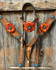Light Oil Floral Tooled Orange and Teal Browband & Breastcollar Tack Set
