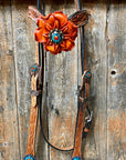 Light Oil Floral Tooled Orange and Teal Browband & Breastcollar Tack Set