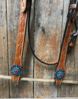 Light Oil Floral Tooled Orange and Teal Browband & Breastcollar Tack Set