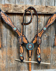 Two Tone Leaf Floral Turquoise One Ear & Breastcollar Tack Set