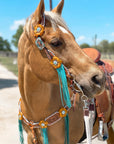 White Whipstitch Yellow and Turquoise Browband/One Ear Headstall & Breastcollar Tack Set