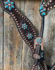Dark Oil Turquoise Floral One Ear / Browband & Breastcollar Tack Set