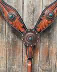 Two Tone Leaf Copper Flower Turquoise One Ear & Breastcollar Tack Set