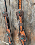 Two Tone Leaf Copper Flower Turquoise One Ear & Breastcollar Tack Set