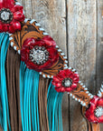 Light Oil Whipstitch Red and Turquoise One Ear/ Breastcollar Tack Set