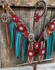 Light Oil Whipstitch Red and Turquoise One Ear/ Breastcollar Tack Set