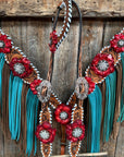 Light Oil Whipstitch Red and Turquoise One Ear/ Breastcollar Tack Set