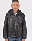 Kid's Black Hooded Washed Biker Jacket with Fur Lining