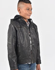 Kid's Black Hooded Washed Biker Jacket with Fur Lining