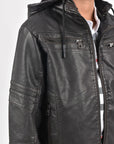 Kid's Black Hooded Washed Biker Jacket with Fur Lining