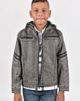 Kid's Gray Hooded Washed Biker Jacket with Fur Lining