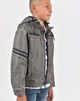 Kid's Gray Hooded Washed Biker Jacket with Fur Lining