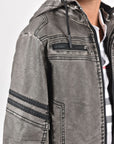 Kid's Gray Hooded Washed Biker Jacket with Fur Lining