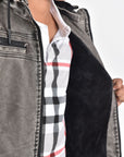 Kid's Gray Hooded Washed Biker Jacket with Fur Lining