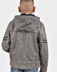 Kid's Gray Hooded Washed Biker Jacket with Fur Lining