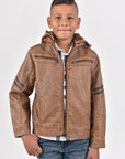 Kid's Camel Hooded Washed Biker Jacket with Fur Lining