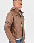 Kid's Camel Hooded Washed Biker Jacket with Fur Lining