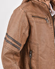 Kid's Camel Hooded Washed Biker Jacket with Fur Lining