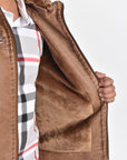 Kid's Camel Hooded Washed Biker Jacket with Fur Lining