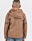 Kid's Camel Hooded Washed Biker Jacket with Fur Lining