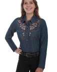 Ladies Longhorn Rose Emb. Blouse - PL-872