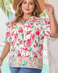 Kiara Plus Size Floral Striped Trim V Neck Blouse