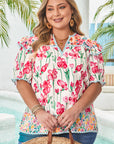 Kiara Plus Size Floral Striped Trim V Neck Blouse