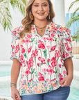 Kiara Plus Size Floral Striped Trim V Neck Blouse