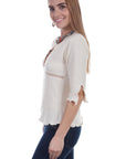 3/4 Slv Lace Up Front Blouse - PSL-216