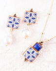 Santorini Dreams Tile Freshwater White Pearl Post Golden Earrings