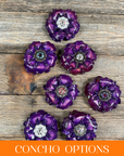 Purple Gardenia Leather Flowers - 1" Crystal Conchos - Options