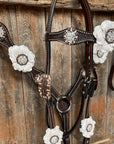 Dark Oil Basketweave White Browband/One Ear Tack Set with Witherstrap