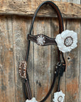 Dark Oil Basketweave White Browband/One Ear Tack Set with Witherstrap