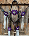 Dark Oil Floral Purple and White Browband / One Ear Tack Set