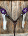 Dark Oil Floral Purple and White Browband / One Ear Tack Set