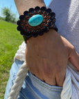 Leather Rosette and Cabochon Leather Bracelet LB110