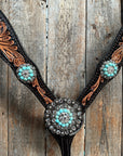 Two Tone Floral Turquoise & Clear One Ear / Browband Breastcollar Tack Set